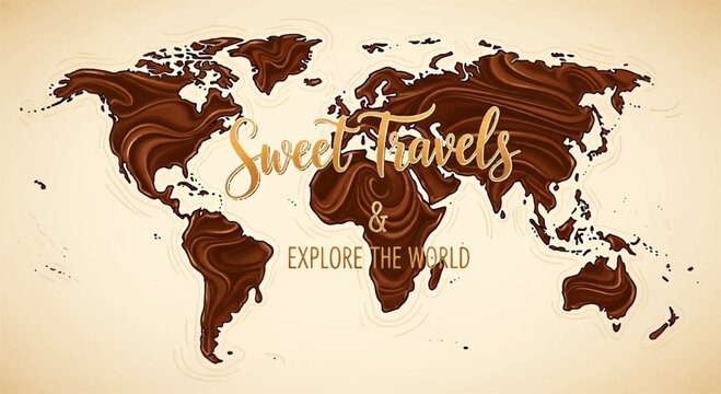 World map made of chocolate swirls with sweet travels typography
