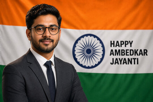 Portrait of a man in suit with Indian flag background