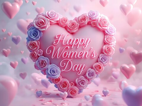 Happy women's day heart made of pink and blue roses with floating hearts background illustration strong women digital art abstract background celebration feminine international appreciation