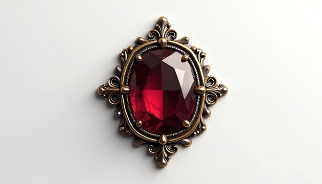 Ornate oval maroon gem with gold metal frame. Elegant jewel isolated on white background. Luxury accessory element. Rich gemstone decoration.