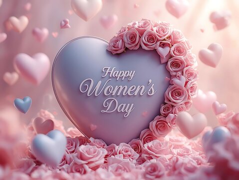 Happy women's day greeting with purple heart and pink rose garland resting on a bed of flowers lavender greeting celebration international background illustration romantic feminine decoration