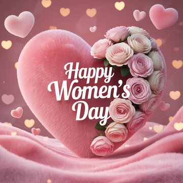 Happy women's day greeting card with large pink heart and delicate rose flowers on soft fabric background greeting celebration international feminine background illustration romantic daughter