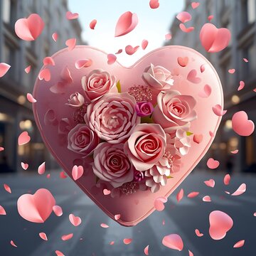Heart shaped pink rose bouquet floating with falling heart petals for international women's day concept floating romantic valentine greeting celebration illustration background international