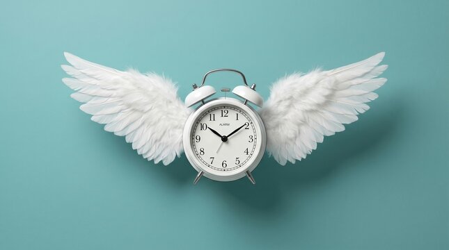 White alarm clock with angel wings flying on teal background representing time flies and deadline urgency concept