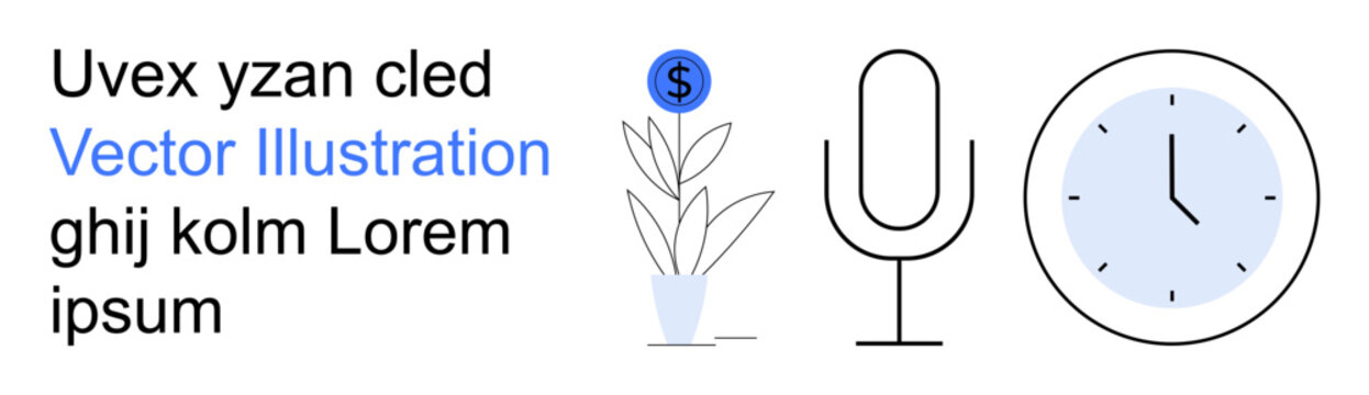 Business growth, communication, time tracking, organization, strategy, productivity. Minimalistic plant with dollar coin, microphone and clock icon. Financial growth and communication concept