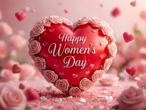 Women's day design with a red heart adorned with pink rose blooms on a shimmering backdrop celebration international feminine appreciation romantic illustration background greeting invitation