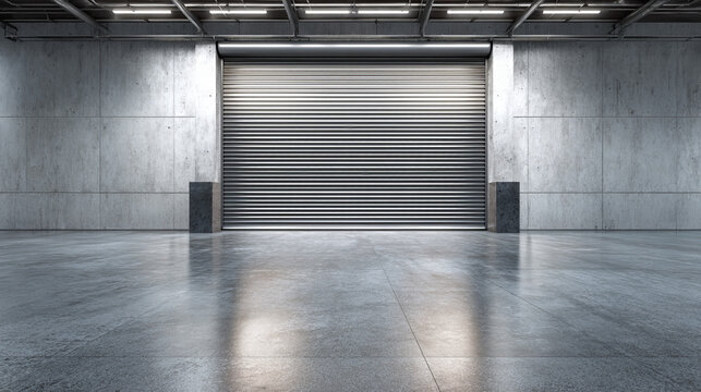 Roller door or roller shutter using for factory, warehouse or hangar. Industrial building interior consist of polished concrete floor and closed door for product display or industry background.