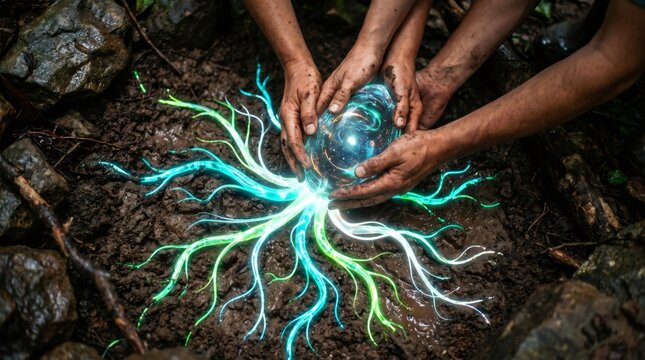 Intimate hands holding glowing organic egg with energy roots in soil for new life concept