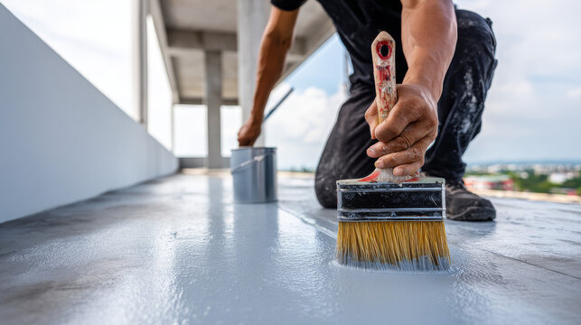 Roof floor or deck painting work consist of painter man or worker person, bristles brush. That house construction to coating surface concrete with waterproof and colour by professional, contractor.
