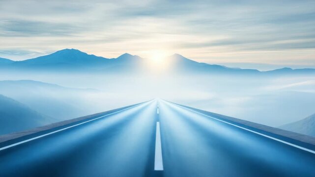 A long, straight road leads through misty mountains towards a bright sunrise. This serene landscape symbolizes a hopeful journey into the future.