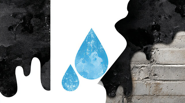 Waterproof icon and water leak icon. Wall of basement aged, damaged result in water leak problem and repair by primer paint and coating with bituminous waterproof membrane material. Vector icon design