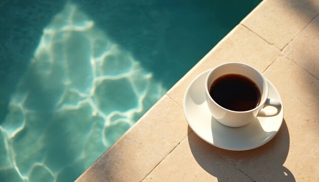 White cup of black coffee rests on pool edge tiles. Sunlit water ripples reflect bright patterns. Shadows stretch across warm beige stone. Morning beverage by blue water.