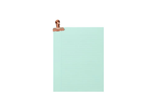 A mint green notepad with a copper clip on a transparent background