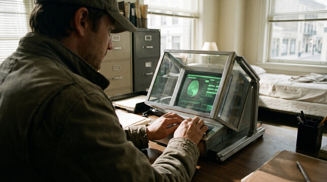 Man examining biometric data on a computer screen in a dimly lit office, focusing on passport details to detect possible forgery, with a modern tech setup