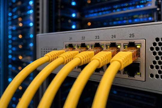 Close-up of yellow Ethernet cables plugged into a network switch in a data center