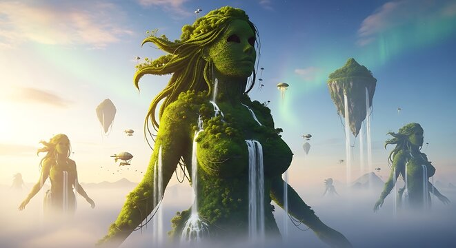 Majestic female giants covered in lush green vegetation feature flowing cascading waterfalls as their bodies stand tall in surreal grace