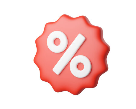 3D red discount badge with a white percent symbol, isolated on background. Modern sale icon for promotion, special offer, price reduction, or marketing campaign. 3d render
