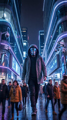 Naklejka premium Mysterious figure in a glowing facial recognition mask walking through a neon-lit city street at night, surrounded by modern architecture and bustling crowds