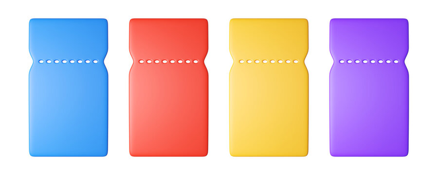 Set of colorful 3d empty discount coupon tickets, isolated on background. Blue, red, yellow, and purple template Blank voucher for sale, promotion concept, online shopping. 3d render
