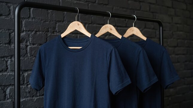 Three blank navy blue cotton t-shirts hanging on wooden hangers against industrial black brick wall with clothing