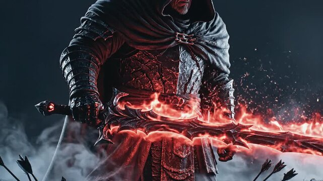 A dark-cloaked warrior wields a fiery sword amidst smoke and arrows in a dramatic scene.