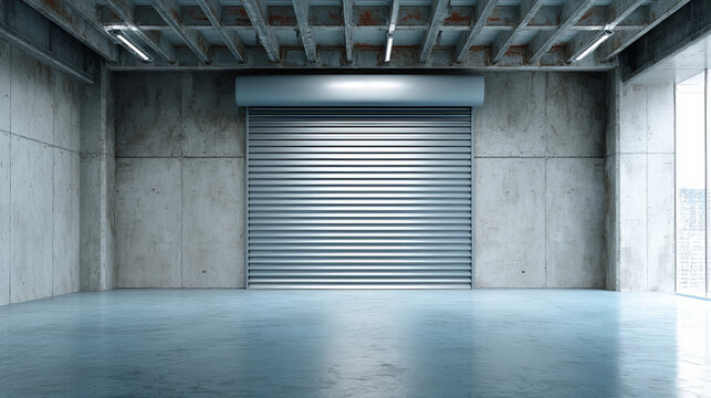 Roller door or roller shutter using for factory, warehouse or hangar. Industrial building interior consist of polished concrete floor and closed door for product display or industry background.