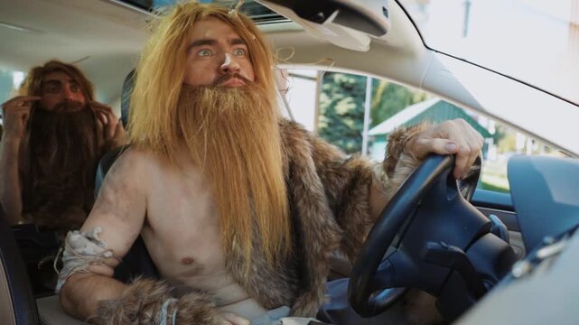 A humorous and creative portrayal of a caveman hilariously driving a modern car
