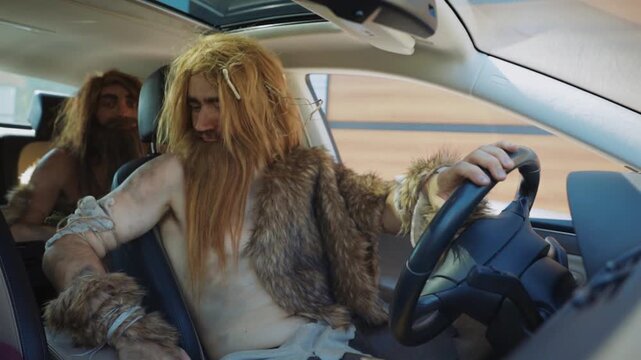 Caveman Behind the Wheel of a Modern Car A Hilariously Funny Contrast in Eras and Styles