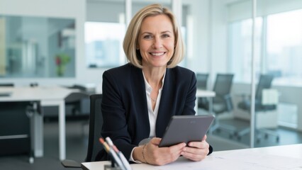 Obraz premium Smiling businesswoman in a modern office environment, using a tablet computer.