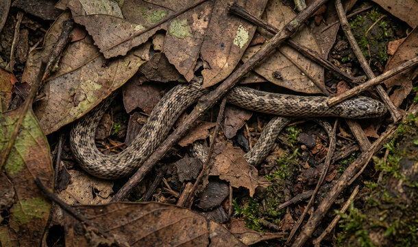 Pfeffer&rsquo;s reed snake partially hidden under leaf litter
