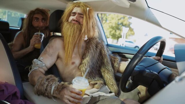 A Modern Caveman Enthusiastically Driving a Car Through Urban Landscapes and Scenes