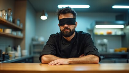 Obraz premium Bearded man in chef uniform wears blindfold sitting at counter. Focus on face, blurred background of restaurant kitchen. Serious expression, arms crossed on table.