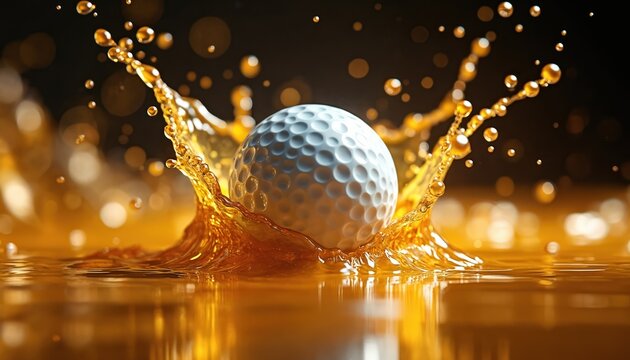 Golf ball impacts golden liquid creating splash. Dynamic motion abstract shot with bright bokeh lights. Sport action extreme close-up. Success concept illustration.