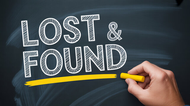 A hand uses yellow chalk to write the words Lost and Found on a dark chalkboard surface
