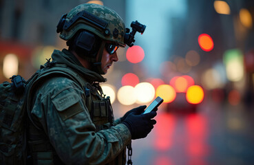 Obraz premium Soldier wearing helmet and gear uses smartphone in city at night. Military personnel checks mobile device with blurred city lights background. Communication technology in combat zone.