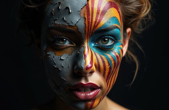 Woman face with creative abstract paint mask applied. One half of face cracked gray paint reveals skin. Other half has vibrant colorful stripes pattern. Dramatic dark background.