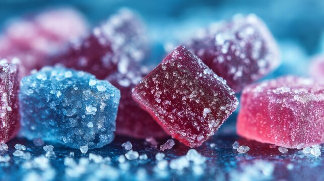 Colorful gummy candies scattered on a surface, glistening with sugar crystals in vibrant hues of blue, red, and pink under soft lighting