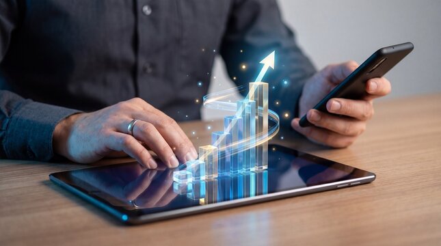Businessman analyzing data on tablet with 3d graph and arrow