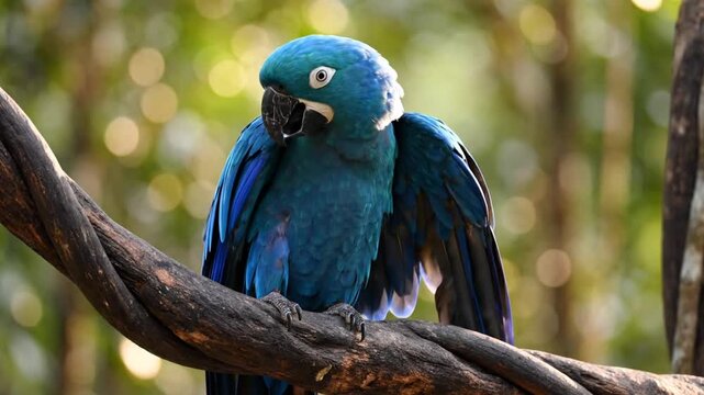 Rare Spixs macaw perched on a branch in tropical forest