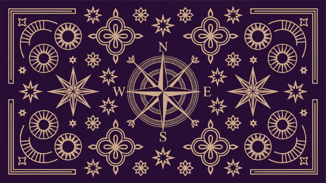 An intricately detailed, symmetrical illustration of a compass rose surrounded by celestial and geometric patterns, rendered in a rich, dark purple and gold color palette
