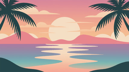 Obraz premium Serene tropical sunset with palm trees silhouetted against a vibrant sky over a calm ocean reflecting the sun