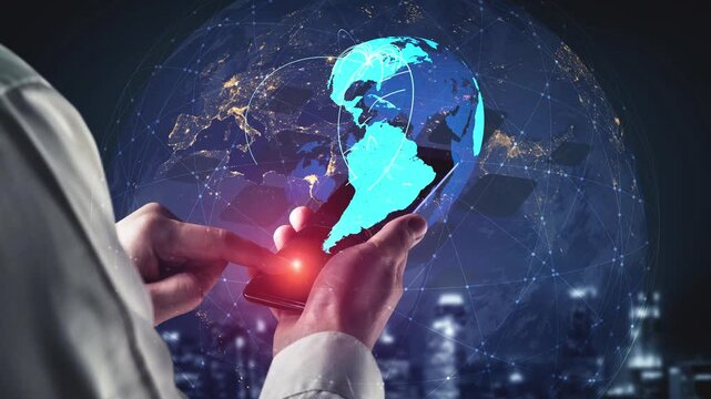 Global network connection visualization showing data exchange, digital link, worldwide communication. Global data flow and digital network infrastructure connecting regions around the world. Thunk