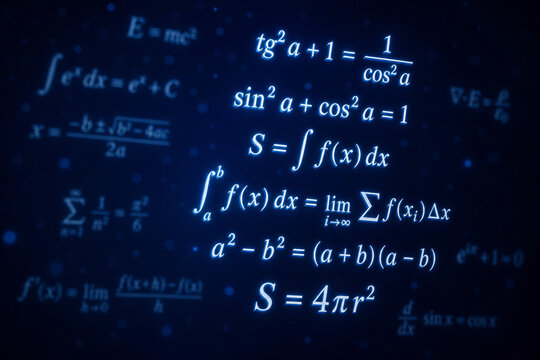 Blue glowing mathematical equations and formulas on a dark background