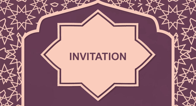 Purple Islamic invitation card featuring a cream octagonal star frame with invitation text, surrounded by a repeating geometric star pattern and traditional arch silhouette.