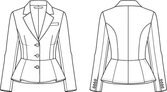 Women Long Sleeve Peplum Blazer Jacket Fashion Flat Technical Sketch Template Featuring Notch Lapel And Front Back Views