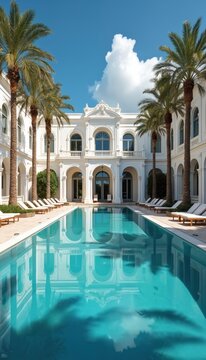 Resort pool with palm trees and white classic hotel building. Rich trees and clear blue water offer a peaceful vacation vibe. Sun loungers await guests.