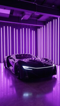 A stylish Tesla Model X with a unique purple interior, highlighted by neon lights. 