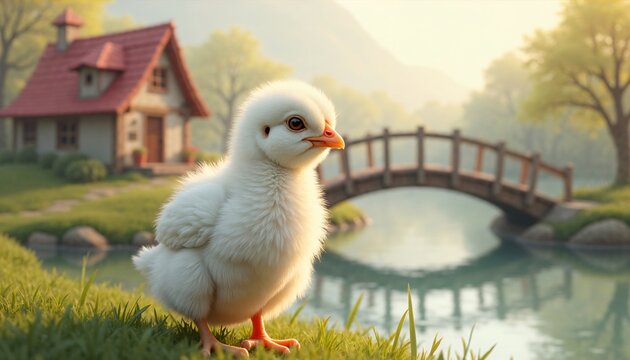 This image features a highly stylized fluffy white chicken standing on a lush green lawn, with a picturesque red-roofed house in the blurred background