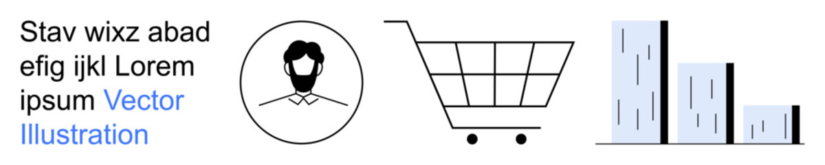 Business, e-commerce, analytics, user interface, marketing, data visualization. Illustrated user icon, shopping cart and bar chart. E-commerce and analytics concept © robu_s