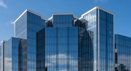Naklejka premium A striking modern corporate glass building reflects the blue sky and white clouds, showcasing contemporary architecture and urban design.